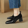 Women's Retro Cowhide Square Toe Chunky Heel Slip-On Pumps by FitiqueFit