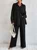 Women's Pleated Long Sleeve Lapel Two-Piece Set – Loose Top & Pants by FitiqueFit