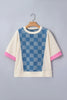 Dusk Blue Checkered Denim Patchwork Short Sleeve Loose Top by Wild and Free Boutique