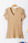 Mist Green Petal Sleeve Waffle Knit V Neck T-Shirt