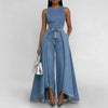 Women’s Crew Neck Sleeveless Wide-Leg Denim Jumpsuit by FitiqueFit
