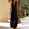 Women's Sleeveless Cotton-Linen Wide-Leg Jumpsuit – Button Pockets by FitiqueFit