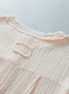 Parchment Crinkle Textured Frayed Trim Half Button Short Sleeve Top