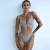 Fashion Bikini Women Two Pieces Swimsuit Button Swimwear Female Solid Bathing Suit Women's Scoop Neck Cut Out Front Lace Up Back High Cut Swimsuit Summer Beach Wear Swimming Suit by Stevvex