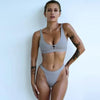 Fashion Bikini Women Two Pieces Swimsuit Button Swimwear Female Solid Bathing Suit Women's Scoop Neck Cut Out Front Lace Up Back High Cut Swimsuit Summer Beach Wear Swimming Suit by Stevvex