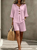 Women's Buttoned V-Neck Ruffle-Trim Top & Shorts Two-Piece Set by FitiqueFit