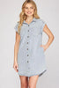 Blue Grey Full Size Folded Cuff Button-Down Shirt Dress Plus Size Casual Simple Women Dress by Stevvex
