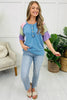 Bright Pink Twisted Ribbed Color Block Patchwork Henley Short Sleeve T Shirt by Wild and Free Boutique