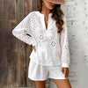 Women's Solid Color Elegant V-Neck Lace Long Sleeve Blouse & Shorts Set by FitiqueFit
