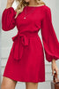 Tied Boat Neck Balloon Sleeve Mini Dress