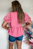 Sachet Pink Frilled V Neck Flower Embroidered Puff Sleeve Textured Blouse by Wild and Free Boutique