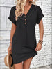 Elegant Button V-Neck Short Sleeve Dress Flattering Casual & Office Wear Simple Dress by Stevvex