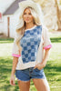 Dusk Blue Checkered Denim Patchwork Short Sleeve Loose Top by Wild and Free Boutique