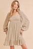 Ruffled Hem Square Neck Balloon Sleeve Mini Dress For Women - Trendy Smocked Detail, Chic Feminine Style, Perfect for Casual & Semi-Formal Occasions by Stevvex