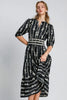 Bow Tie Print Notched Contrast Velvet Trim Midi Dress–Elegant Bow Tie Print, Modern Notched Neckline, Luxurious Velvet Trim, Sophisticated Midi Dress for Special Events by Stevvex