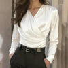 Women's Elegant Cross V-Neck Blouse, Ruffle Detail Button Accent Office Shirt by FitiqueFit