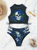 Bikini Skull Print Hollow-Out 2 Piece Swimsuit for Women – Sexy Lace-Up Floral Tie Bathing Suit with Crew Neck – High Stretch Halloween Inspired Bikini Set for Beach Party, Festival, and Summer Vacation by Stevvex