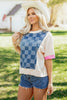 Dusk Blue Checkered Denim Patchwork Short Sleeve Loose Top by Wild and Free Boutique