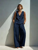 Linen Blend V-Neck Buttoned Vest & High-Waist Wide-Leg Pants Set – 5 Colors S–3XL by FitiqueFit