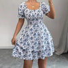 Ditsy Floral High Waist Flared Midi Dress – Short Sleeve Backless Summer Dress by FitiqueFit