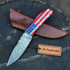 Damascus Steel USA Flag Handle Knife — 5-Inch Raindrop, & Leather Sheath by JW SteelCrafts