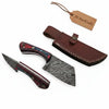 6-Inch Forged Damascus Cleaver Knife — Red and Blue Pakka Wood Handle, Mosaic Pin, Lanyard Hole & Tooled Leather Sheath | JW Steel Crafts by JW SteelCrafts
