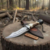 Handmade Damascus Hunting Knife with Stag Antler Handle & Custom Leather Sheath by JW SteelCrafts