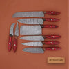 Damascus Kitchen Knife Set of 8, Hand-Forged with Red Pakka Handles by JW SteelCrafts