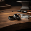Black Damascus Steel Wedding Ring Set Double Groove Couple Bands by JW SteelCrafts