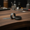 Black Damascus Steel Wedding Ring Set Double Groove Couple Bands by JW SteelCrafts
