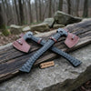 Forged Tool Axe Duo – Textured Steel Heads with Sculpted Hardwood Handles and Leather Sheaths by JW SteelCrafts
