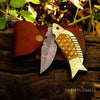 Damascus Fish Folding Knife with Bone Handle, Brass Bolster and Leather Sheath by JW SteelCrafts