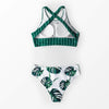 Green Stripe And Leaves Print Bikini Sets Women Tank Swimsuit Women's Two Piece High Neck Bikinis Swimsuits Modest Crop Top Bathing Suits For Teens Two Pieces Girls Beach Bathing Suits Swimwear by Stevvex