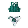 Green Stripe And Leaves Print Bikini Sets Women Tank Swimsuit Women's Two Piece High Neck Bikinis Swimsuits Modest Crop Top Bathing Suits For Teens Two Pieces Girls Beach Bathing Suits Swimwear by Stevvex