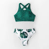 Green Stripe And Leaves Print Bikini Sets Women Tank Swimsuit Women's Two Piece High Neck Bikinis Swimsuits Modest Crop Top Bathing Suits For Teens Two Pieces Girls Beach Bathing Suits Swimwear by Stevvex