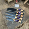 5-Piece Chef Knife Set with Hammered Black Blades, Purple Resin & Olive Wood Handles by JW SteelCrafts