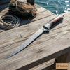 Handmade 13 Inch Overall Damascus Steel Fillet Knife – Full Tang Fishing Knife with Hardwood Handle and Leather Sheath. by JW SteelCrafts