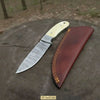 Handmade Damascus Skinner Knife 4” Blade Fixed Blade Bone Handle Leather Sheath by JW SteelCrafts