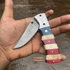 Paul Revere EDC Knife 3.5” blade – Damascus Folding Pocket Knife with Patriotic USA Flag Handle by JW SteelCrafts