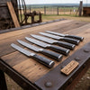 6-Piece Damascus Kitchen Knife Set — Black Wood Handles, Steel Bolsters, Bread, Slicer, Chef, Santoku, Utility & Paring with Leather Roll by JW SteelCrafts