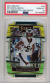 Graded 2021 Panini Select Devonta Smith #49 Die-Cut Green/Yellow Prizm Concourse Rookie RC Football Card PSA 10