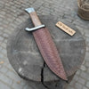 14-Inch Damascus Frontier Bowie Knife — 9-Inch Blade, Lace Wood Coffin Handle, Steel Guard & Tooled Leather Sheath by JW SteelCrafts