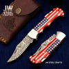 Handmade Damascus Folding Knife with Ram Horn or American Flag Handle by JW SteelCrafts