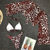 Long Sleeve Mesh Bikini Swimwear Women Three Pieces Leopard Swimsuit Female Summer Bathing Suit Brazilian 3 Pieces Set Knot Front Off Shoulder Cover Up with Halter Bikini Sets Bathing Suit by Stevvex