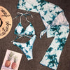 Long Sleeve Mesh Bikini Swimwear Women Three Pieces Leopard Swimsuit Female Summer Bathing Suit Brazilian 3 Pieces Set Knot Front Off Shoulder Cover Up with Halter Bikini Sets Bathing Suit by Stevvex