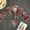 Long Sleeve Mesh Bikini Swimwear Women Three Pieces Leopard Swimsuit Female Summer Bathing Suit Brazilian 3 Pieces Set Knot Front Off Shoulder Cover Up with Halter Bikini Sets Bathing Suit by Stevvex