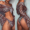 Long Sleeve Mesh Bikini Swimwear Women Three Pieces Leopard Swimsuit Female Summer Bathing Suit Brazilian 3 Pieces Set Knot Front Off Shoulder Cover Up with Halter Bikini Sets Bathing Suit by Stevvex