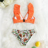 Low-waist Bikinis Set Swimwear Women Swimsuits Bathing Suit Orange Floral Ruffled Bikini Beachwear Bikini Swimsuits Ruffle Floral Two Piece Bathing Suits Printed Halter Neck Swimwear Beachwear by Stevvex