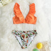 Low-waist Bikinis Set Swimwear Women Swimsuits Bathing Suit Orange Floral Ruffled Bikini Beachwear Bikini Swimsuits Ruffle Floral Two Piece Bathing Suits Printed Halter Neck Swimwear Beachwear by Stevvex