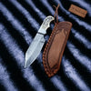 Handmade Damascus Drop Point Hunting Knife with Engraved Bone Handle and Leather Sheath by JW SteelCrafts